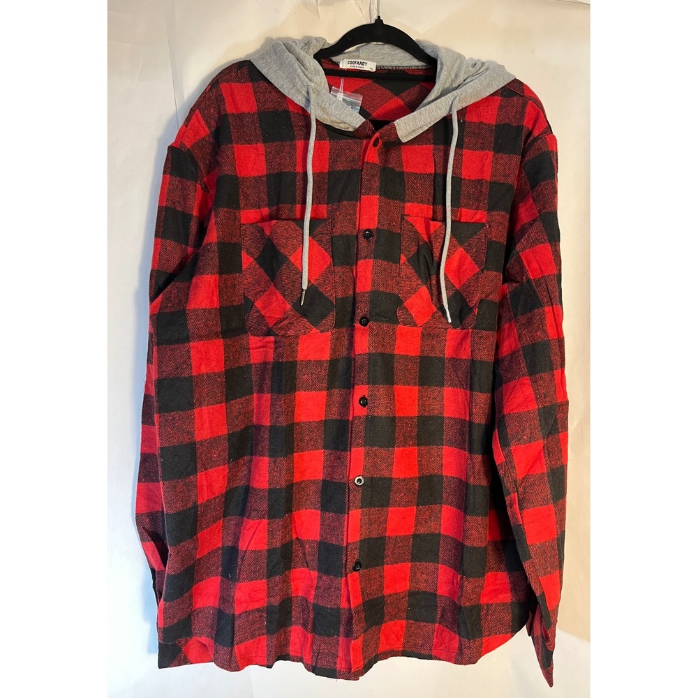 Coofandy Flannel Plaid Hoodie Long Sleeve Shirt Button Down Outdoor Size 2XL‎